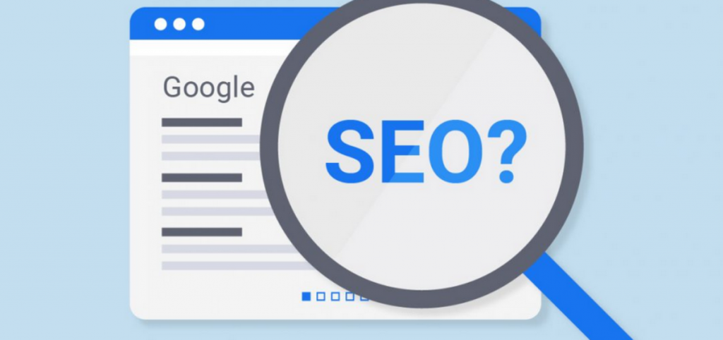SEO under a magnifying glass on a Google webpage